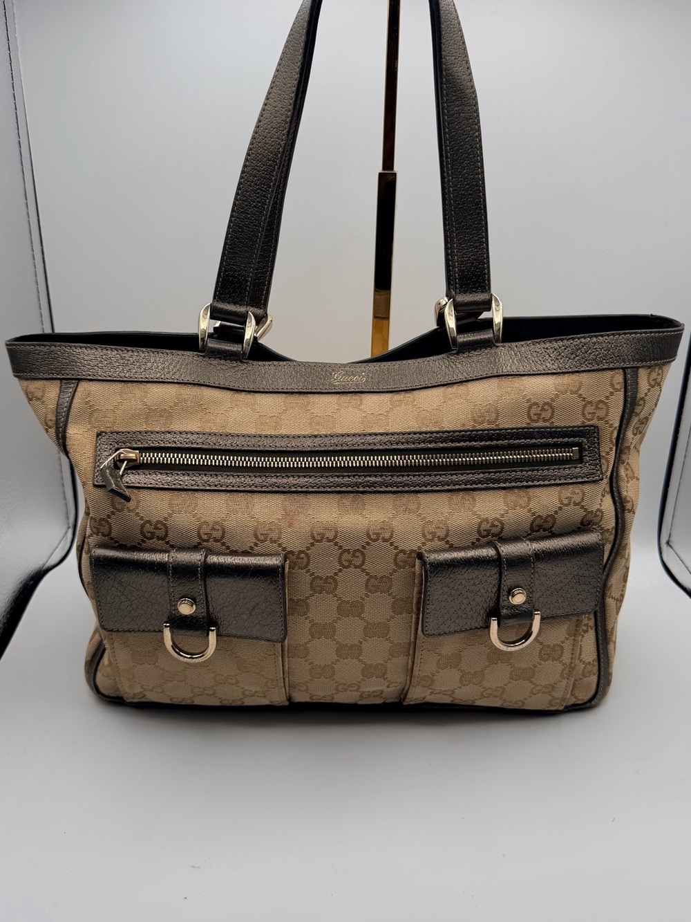 Gucci Pelham  Brown Beige GG Canvas Shoulder Bag with Dark Brown Trim